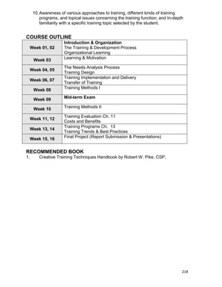 218
10.Awareness of various approaches to training, different kinds of training
programs, and topical issues concerning the training function; and In-depth
familiarity with a specific training topic selected by the student.
COURSE OUTLINE
Week 01, 02
Introduction & Organization
The Training & Development Process
Organizational Learning
Week 03
Learning & Motivation
Week 04, 05
The Needs Analysis Process
Training Design
Week 06, 07
Training Implementation and Delivery
Transfer of Training
Week 08
Training Methods I
Week 09
Mid-term Exam
Week 10
Training Methods II
Week 11, 12
Training Evaluation Ch. 11
Costs and Benefits
Week 13, 14
Training Programs Ch. 13
Training Trends & Best Practices
Week 15, 16
Final Project (Report Submission & Presentations)
RECOMMENDED BOOK
1. Creative Training Techniques Handbook by Robert W. Pike, CSP.
 