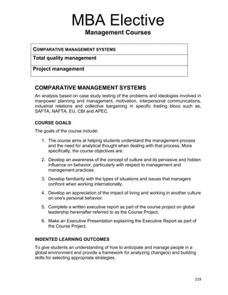 219
MBA Elective
Management Courses
COMPARATIVE MANAGEMENT SYSTEMS
Total quality management
Project management
COMPARATIVE MANAGEMENT SYSTEMS
An analysis based on case study testing of the problems and ideologies involved in
manpower planning and management, motivation, interpersonal communications,
industrial relations and collective bargaining in specific trading blocs such as,
SAFTA, NAFTA, EU, CBI and APEC.
COURSE GOALS
The goals of the course include:
1. The course aims at helping students understand the management process
and the need for analytical thought when dealing with that process. More
specifically, the course objectives are:
2. Develop an awareness of the concept of culture and its pervasive and hidden
influence on behavior, particularly with respect to management and
management practices.
3. Develop familiarity with the types of situations and issues that managers
confront when working internationally.
4. Develop an appreciation of the impact of living and working in another culture
on one's personal behavior.
5. Complete a written executive report as part of the course project on global
leadership hereinafter referred to as the Course Project.
6. Make an Executive Presentation explaining the Executive Report as part of
the Course Project.
INDENTED LEARNING OUTCOMES
To give students an understanding of how to anticipate and manage people in a
global environment and provide a framework for analyzing change(s) and building
skills for selecting appropriate strategies.
 