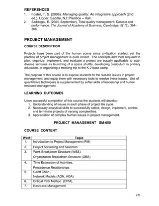 223
REFERENCES
1. Foster, T. S. (2006). Managing quality: An integrative approach (2nd
ed.). Upper Saddle, NJ: Prentice – Hall.
2. Sadikoglu, E. (2004, September). Total quality management: Context and
performance. The Journal of Academy of Business, Cambridge, 5(1/2), 364-
366.
PROJECT MANAGEMENT
COURSE DESCRIPTION
Projects have been part of the human scene since civilization started, yet the
practice of project management is quite recent. The concepts and tools required to
plan, organize, implement, and evaluate a project are equally applicable to such
diverse ventures as launching of a space shuttle, developing curriculum in primary
education, or organizing a trekking trip to the K-2 base camp.
The purpose of this course is to expose students to the real-life issues in project
management, and equip them with necessary tools to resolve these issues. Use of
quantitative techniques is supplemented by softer skills of leadership and human
resource management.
LEARNING OUTCOMES
Upon successful completion of this course the students will develop:
1. Understanding of issues in each phase of project life cycle.
2. Necessary analytical skills to successfully select, design, implement, control,
and terminate projects of varying complexities.
3. Appreciation of complex human issues in project management.
PROJECT MANAGEMENT SM-650
COURSE CONTENT
Week Topic
1. Introduction to Project Management (PM)
2. Project Screening and Selection
3. Work Breakdown Structure (WBS),
Organization Breakdown Structure (OBS)
4. Time Estimation of Activities,
Precedence Relationships
5. Gantt Chart ,
Network Models (AON, AOA)
6. Critical Path Method (CPM),
Linear Programming Models for CPM
7. Resource Management
 