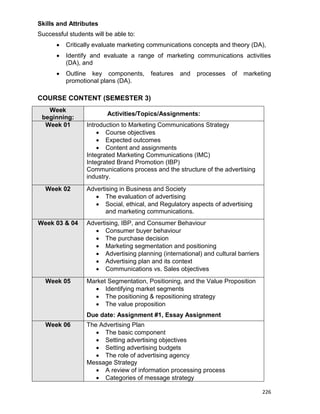 226
Skills and Attributes
Successful students will be able to:
 Critically evaluate marketing communications concepts and theory (DA),
 Identify and evaluate a range of marketing communications activities
(DA), and
 Outline key components, features and processes of marketing
promotional plans (DA).
COURSE CONTENT (SEMESTER 3)
Week
beginning:
Activities/Topics/Assignments:
Week 01 Introduction to Marketing Communications Strategy
 Course objectives
 Expected outcomes
 Content and assignments
Integrated Marketing Communications (IMC)
Integrated Brand Promotion (IBP)
Communications process and the structure of the advertising
industry.
Week 02 Advertising in Business and Society
 The evaluation of advertising
 Social, ethical, and Regulatory aspects of advertising
and marketing communications.
Week 03 & 04 Advertising, IBP, and Consumer Behaviour
 Consumer buyer behaviour
 The purchase decision
 Marketing segmentation and positioning
 Advertising planning (international) and cultural barriers
 Advertising plan and its context
 Communications vs. Sales objectives
Week 05 Market Segmentation, Positioning, and the Value Proposition
 Identifying market segments
 The positioning & repositioning strategy
 The value proposition
Due date: Assignment #1, Essay Assignment
Week 06 The Advertising Plan
 The basic component
 Setting advertising objectives
 Setting advertising budgets
 The role of advertising agency
Message Strategy
 A review of information processing process
 Categories of message strategy
 