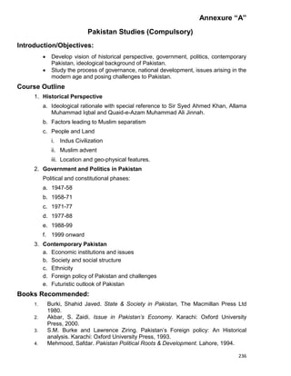 236
Annexure “A”
Pakistan Studies (Compulsory)
Introduction/Objectives:
 Develop vision of historical perspective, government, politics, contemporary
Pakistan, ideological background of Pakistan.
 Study the process of governance, national development, issues arising in the
modern age and posing challenges to Pakistan.
Course Outline
1. Historical Perspective
a. Ideological rationale with special reference to Sir Syed Ahmed Khan, Allama
Muhammad Iqbal and Quaid-e-Azam Muhammad Ali Jinnah.
b. Factors leading to Muslim separatism
c. People and Land
i. Indus Civilization
ii. Muslim advent
iii. Location and geo-physical features.
2. Government and Politics in Pakistan
Political and constitutional phases:
a. 1947-58
b. 1958-71
c. 1971-77
d. 1977-88
e. 1988-99
f. 1999 onward
3. Contemporary Pakistan
a. Economic institutions and issues
b. Society and social structure
c. Ethnicity
d. Foreign policy of Pakistan and challenges
e. Futuristic outlook of Pakistan
Books Recommended:
1. Burki, Shahid Javed. State & Society in Pakistan, The Macmillan Press Ltd
1980.
2. Akbar, S. Zaidi. Issue in Pakistan’s Economy. Karachi: Oxford University
Press, 2000.
3. S.M. Burke and Lawrence Ziring. Pakistan‟s Foreign policy: An Historical
analysis. Karachi: Oxford University Press, 1993.
4. Mehmood, Safdar. Pakistan Political Roots & Development. Lahore, 1994.
 