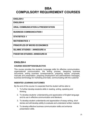 25
BBA
COMPULSORY REQUIREMENT COURSES
ENGLISH-I
ENGLISH-II
ORAL COMMUNICATION & PRESENTATION
BUSINESS COMMUNICATION I
STATISTICS -I
MATHEMATICS -I
PRINCIPLES OF MICRO ECONOMICS
ISLAMIC STUDIES – ANNEXURE-A
PAKISTAN STUDIES- ANNEXURE-B
ENGLISH-I
COURSE DESCRIPTION/OBJECTIVE
This course provides the students Language skills for effective communication,
organizational communication, the writing process, designing business
documents, writing business correspondence, preparing reports, proposals,
manuals and presentation, preparing employment and administrative messages,
business terminology for marketing and trade, communicating with the customer
INDENTED LEARNING OUTCOMES
By the end of this course it is expected that the student will be able to:
1. To further develop students skills in reading, writing, speaking and
thinking.
2. To develop students „understanding and appreciation of English language
and its use in effective communication and literature.
3. To develop student understands and appreciation of essay writing, short
stories and will develop ability to evaluate and understand written material.
4. To develop effective business communication skills and enhance
presentation skills.
 
