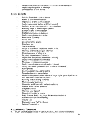 30
- Develop and maintain the sense of confidence and self-worth
- Objective participation in meetings
- Develop skills to face media
Course Contents
 Introduction to oral communication
 Forms of oral communication
 Importance of oral communication
 Analyze your organization and Environment
 Oral and written communication : a comparison
 Planning steps of a Message / Speech
 Barriers in oral communication
 Oral communication in business
 Oral communication in practice
 Persuasive Speaking
 Visual Aids
 Line graphs-Bar graphs
 Pie charts etc
 Transparencies
 Usage of over-head Projectors and VCR etc.
 Planning and Conducting an Interview
 Objective usage of telephone
 Dictating, Importance of dictation
 Importance and procedure of note – making
 Oral Communication in committee
 Meetings, symposia/workshops
 Oral communication in e-mail and on internet
 Group discussion /panel discussion /role of moderator
 Facing media
 Communication in personal selling
 Report writing and presentation
 How to make presentation/ control of stage fright, general guidance
and allocation of topics to students
 Knowing and analyzing audience
 Motivating your audience
 Character and Personality traits of audience
 Internal and External audience
 Scripted Speech
 Planning your Speech
 Choosing the right language
 Body Posture, Body Language, Proximity to audience
 Panel discussion and Role Play
 Picture Talk
 Discussion on a TV/Film Scene
 Debate/Presentation
RECOMMENDED TEXTBOOKS
1. Stuart Sillar (1988) Success in Communication, Jhon Murray Publishers
 