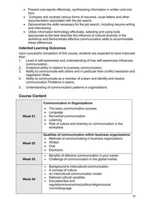 32
 Present oral reports effectively, synthesizing information in written and oral
form
 Compare and contrast various forms of resumes, cover letters and other
documentation associated with the job search
 Demonstrate the skills necessary for the job search, including resume writing
and interviewing
 Utilize information technology effectively, selecting and using tools
appropriate to the task describe the influence of cultural diversity in the
workforce and Demonstrate effective communication skills to accommodate
these differences
Indented Learning Outcomes
Upon successful completion of this course, students are expected to have improved
their:
1. Level of self-awareness and understanding of how self-awareness influences
communication.
2. Analytical ability in relation to business communication.
3. Ability to communicate with others and in particular their conflict resolution and
negotiation Skills.
4. Ability to communicate as a member of a team and identify and resolve
communication Problems in teams.
5. Understanding of communication patterns in organisations
Course Content
Week 01
Communication in Organizations
 The basic communication process
 Language
 Nonverbal communication
 Listening
 Role of culture and diversity on communication in the
workplace
Week 02
Qualities of communication within business organizations
 Methods of communicating in business organizations
 Written
 Oral
 Electronic
Week 03
 Benefits of effective communication in your career
 Challenge of communication in the global market
Week 04
 Background to intercultural communication
 A concept of culture
 An intercultural communication model
 National cultural variables
 Education/law and
regulations/economics/politics/religion/social
norms/language
 