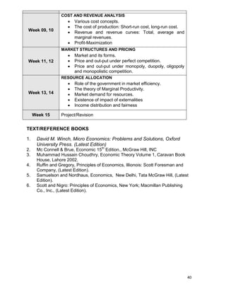 40
Week 09, 10
COST AND REVENUE ANALYSIS
 Various cost concepts.
 The cost of production: Short-run cost, long-run cost.
 Revenue and revenue curves: Total, average and
marginal revenues.
 Profit-Maximization
Week 11, 12
MARKET STRUCTURES AND PRICING
 Market and its forms.
 Price and out-put under perfect competition.
 Price and out-put under monopoly, duopoly, oligopoly
and monopolistic competition.
Week 13, 14
RESOURCE ALLOCATION
 Role of the government in market efficiency.
 The theory of Marginal Productivity.
 Market demand for resources.
 Existence of impact of externalities
 Income distribution and fairness
Week 15 Project/Revision
TEXT/REFERENCE BOOKS
1. David M. Winch, Micro Economics: Problems and Solutions, Oxford
University Press. (Latest Edition)
2. Mc Connell & Brue, Economic 15th
Edition., McGraw Hill, INC
3. Muhammad Hussain Choudhry, Economic Theory Volume 1, Caravan Book
House, Lahore 2002.
4. Ruffin and Gregory, Principles of Economics, Illionois: Scott Foresman and
Company, (Latest Edition).
5. Samuelson and Nordhaus, Economics, New Delhi, Tata McGraw Hill, (Latest
Edition).
6. Scott and Nigro: Principles of Economics, New York; Macmillan Publishing
Co., Inc., (Latest Edition).
 