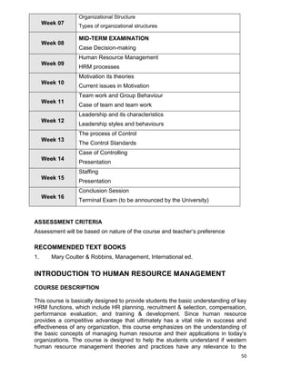 50
Week 07
Organizational Structure
Types of organizational structures
Week 08
MID-TERM EXAMINATION
Case Decision-making
Week 09
Human Resource Management
HRM processes
Week 10
Motivation its theories
Current issues in Motivation
Week 11
Team work and Group Behaviour
Case of team and team work
Week 12
Leadership and its characteristics
Leadership styles and behaviours
Week 13
The process of Control
The Control Standards
Week 14
Case of Controlling
Presentation
Week 15
Staffing
Presentation
Week 16
Conclusion Session
Terminal Exam (to be announced by the University)
ASSESSMENT CRITERIA
Assessment will be based on nature of the course and teacher‟s preference
RECOMMENDED TEXT BOOKS
1. Mary Coulter & Robbins, Management, International ed.
INTRODUCTION TO HUMAN RESOURCE MANAGEMENT
COURSE DESCRIPTION
This course is basically designed to provide students the basic understanding of key
HRM functions, which include HR planning, recruitment & selection, compensation,
performance evaluation, and training & development. Since human resource
provides a competitive advantage that ultimately has a vital role in success and
effectiveness of any organization, this course emphasizes on the understanding of
the basic concepts of managing human resource and their applications in today‟s
organizations. The course is designed to help the students understand if western
human resource management theories and practices have any relevance to the
 