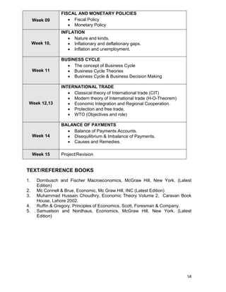 58
Week 09
FISCAL AND MONETARY POLICIES
 Fiscal Policy
 Monetary Policy
Week 10,
INFLATION
 Nature and kinds.
 Inflationary and deflationary gaps.
 Inflation and unemployment.
Week 11
BUSINESS CYCLE
 The concept of Business Cycle
 Business Cycle Theories
 Business Cycle & Business Decision Making
Week 12,13
INTERNATIONAL TRADE
 Classical theory of International trade (CIT)
 Modern theory of International trade (H-O-Theorem)
 Economic Integration and Regional Cooperation.
 Protection and free trade.
 WTO (Objectives and role)
Week 14
BALANCE OF PAYMENTS
 Balance of Payments Accounts.
 Disequilibrium & Imbalance of Payments.
 Causes and Remedies.
Week 15 Project/Revision
TEXT/REFERENCE BOOKS
1. Dornbusch and Fischer Macroeconomics, McGraw Hill, New York. (Latest
Edition)
2. Mc Connell & Brue, Economic, Mc Graw Hill, INC (Latest Edition)
3. Muhammad Hussain Choudhry, Economic Theory Volume 2, Caravan Book
House, Lahore 2002.
4. Ruffin & Gregory, Principles of Economics, Scott, Foresman & Company.
5. Samuelson and Nordhaus, Economics, McGraw Hill, New York. (Latest
Edition)
 
