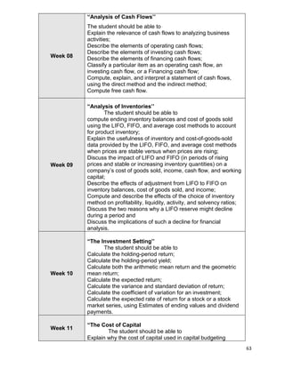 63
Week 08
“Analysis of Cash Flows’’
The student should be able to
Explain the relevance of cash flows to analyzing business
activities;
Describe the elements of operating cash flows;
Describe the elements of investing cash flows;
Describe the elements of financing cash flows;
Classify a particular item as an operating cash flow, an
investing cash flow, or a Financing cash flow;
Compute, explain, and interpret a statement of cash flows,
using the direct method and the indirect method;
Compute free cash flow.
Week 09
“Analysis of Inventories’’
The student should be able to
compute ending inventory balances and cost of goods sold
using the LIFO, FIFO, and average cost methods to account
for product inventory;
Explain the usefulness of inventory and cost-of-goods-sold
data provided by the LIFO, FIFO, and average cost methods
when prices are stable versus when prices are rising;
Discuss the impact of LIFO and FIFO (in periods of rising
prices and stable or increasing inventory quantities) on a
company‟s cost of goods sold, income, cash flow, and working
capital;
Describe the effects of adjustment from LIFO to FIFO on
inventory balances, cost of goods sold, and income;
Compute and describe the effects of the choice of inventory
method on profitability, liquidity, activity, and solvency ratios;
Discuss the two reasons why a LIFO reserve might decline
during a period and
Discuss the implications of such a decline for financial
analysis.
Week 10
“The Investment Setting’’
The student should be able to
Calculate the holding-period return;
Calculate the holding-period yield;
Calculate both the arithmetic mean return and the geometric
mean return;
Calculate the expected return;
Calculate the variance and standard deviation of return;
Calculate the coefficient of variation for an investment;
Calculate the expected rate of return for a stock or a stock
market series, using Estimates of ending values and dividend
payments.
Week 11
“The Cost of Capital
The student should be able to
Explain why the cost of capital used in capital budgeting
 