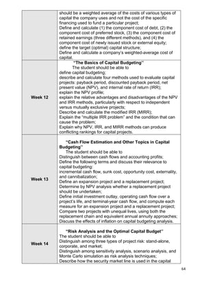 64
should be a weighted average of the costs of various types of
capital the company uses and not the cost of the specific
financing used to fund a particular project;
Define and calculate (1) the component cost of debt, (2) the
component cost of preferred stock, (3) the component cost of
retained earnings (three different methods), and (4) the
component cost of newly issued stock or external equity;
define the target (optimal) capital structure;
Define and calculate a company‟s weighted-average cost of
capital.
Week 12
“The Basics of Capital Budgeting’’
The student should be able to
define capital budgeting;
describe and calculate four methods used to evaluate capital
projects: payback period, discounted payback period, net
present value (NPV), and internal rate of return (IRR);
explain the NPV profile;
explain the relative advantages and disadvantages of the NPV
and IRR methods, particularly with respect to independent
versus mutually exclusive projects;
Describe and calculate the modified IRR (MIRR);
Explain the “multiple IRR problem” and the condition that can
cause the problem;
Explain why NPV, IRR, and MIRR methods can produce
conflicting rankings for capital projects.
Week 13
“Cash Flow Estimation and Other Topics in Capital
Budgeting’’
The student should be able to
Distinguish between cash flows and accounting profits;
Define the following terms and discuss their relevance to
capital budgeting:
incremental cash flow, sunk cost, opportunity cost, externality,
and cannibalization;
Define an expansion project and a replacement project;
Determine by NPV analysis whether a replacement project
should be undertaken;
Define initial investment outlay, operating cash flow over a
project‟s life, and terminal-year cash flow, and compute each
measure for an expansion project and a replacement project;
Compare two projects with unequal lives, using both the
replacement chain and equivalent annual annuity approaches;
Discuss the effects of inflation on capital budgeting analysis.
Week 14
“Risk Analysis and the Optimal Capital Budget’’
The student should be able to
Distinguish among three types of project risk: stand-alone,
corporate, and market;
Distinguish among sensitivity analysis, scenario analysis, and
Monte Carlo simulation as risk analysis techniques;
Describe how the security market line is used in the capital
 