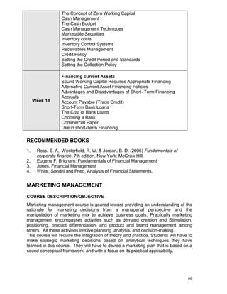 66
The Concept of Zero Working Capital
Cash Management
The Cash Budget
Cash Management Techniques
Marketable Securities
Inventory costs
Inventory Control Systems
Receivables Management
Credit Policy
Setting the Credit Period and Standards
Setting the Collection Policy
Week 18
Financing current Assets
Sound Working Capital Requires Appropriate Financing
Alternative Current Asset Financing Policies
Advantages and Disadvantages of Short- Term Financing
Accruals
Account Payable (Trade Credit)
Short-Term Bank Loans
The Cost of Bank Loans
Choosing a Bank
Commercial Paper
Use in short-Term Financing
RECOMMENDED BOOKS
1. Ross, S. A., Westerfield, R. W. & Jordan, B. D. (2006) Fundamentals of
corporate finance. 7th edition. New York: McGraw Hill
2. Eugene F. Brigham: Fundamentals of Financial Management
3. Jones, Financial Management
4. White, Sondhi and Fried, Analysis of Financial Statements.
MARKETING MANAGEMENT
COURSE DESCRIPTION/OBJECTIVE
Marketing management course is geared toward providing an understanding of the
rationale for marketing decisions from a managerial perspective and the
manipulation of marketing mix to achieve business goals. Practically marketing
management encompasses activities such as demand creation and Stimulation,
positioning, product differentiation, and product and brand management among
others. All these activities involve planning, analysis, and decision-making.
This course will require the integration of theory and practice. Students will have to
make strategic marketing decisions based on analytical techniques they have
learned in this course. They will have to devise a marketing plan that is based on a
sound conceptual framework, and with a focus on its practical applicability.
 