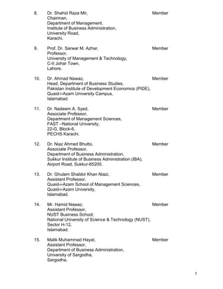 7
8. Dr. Shahid Raza Mir, Member
Chairman,
Department of Management,
Institute of Business Administration,
University Road,
Karachi.
9. Prof. Dr. Sarwar M. Azhar, Member
Professor,
University of Management & Technology,
C-II Johar Town,
Lahore.
10. Dr. Ahmad Nawaz, Member
Head, Department of Business Studies,
Pakistan Institute of Development Economics (PIDE),
Quaid-i-Azam University Campus,
Islamabad.
11. Dr. Nadeem A. Syed, Member
Associate Professor,
Department of Management Sciences,
FAST –National University,
22-G, Block-6,
PECHS Karachi.
12. Dr. Niaz Ahmed Bhutto, Member
Associate Professor,
Department of Business Administration,
Sukkur Institute of Business Administration (IBA),
Airport Road, Sukkur-65200.
13. Dr. Ghulam Shabbir Khan Niazi, Member
Assistant Professor,
Quaid-i-Azam School of Management Sciences,
Quaid-i-Azam University,
Islamabad.
14. Mr. Hamid Nawaz, Member
Assistant Professor,
NUST Business School,
National University of Science & Technology (NUST),
Sector H-12,
Islamabad.
15. Malik Muhammad Hayat, Member
Assistant Professor,
Department of Business Administration,
University of Sargodha,
Sargodha.
 