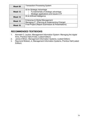 74
Week 09
Transaction Processing System
Week 13
IS for Strategic Advantage
 Fundamentals of strategic advantage
 Strategic applications and issues in IT
Week 14
IS & Artificial Intelligence
Week 15
Enterprise & Global Management
Managing IT (Planning & Implementing Change)
Week 16
Final Project (Report Submission & Presentations)
RECOMMENDED TEXTBOOKS
1. Kenneth C. Laudon, Management Information System- Managing the digital
firms, Prentice Hall of India, (Latest Edition)
2. James O‟Brien, Management Information Systems, (Latest Edition)
3. Raymond Mcleod, Jr, Management Information Systems, Prentice Hall (Latest
Edition)
 