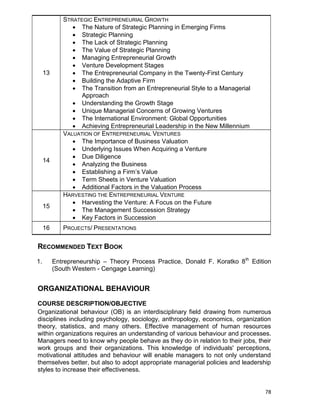 78
13
STRATEGIC ENTREPRENEURIAL GROWTH
 The Nature of Strategic Planning in Emerging Firms
 Strategic Planning
 The Lack of Strategic Planning
 The Value of Strategic Planning
 Managing Entrepreneurial Growth
 Venture Development Stages
 The Entrepreneurial Company in the Twenty-First Century
 Building the Adaptive Firm
 The Transition from an Entrepreneurial Style to a Managerial
Approach
 Understanding the Growth Stage
 Unique Managerial Concerns of Growing Ventures
 The International Environment: Global Opportunities
 Achieving Entrepreneurial Leadership in the New Millennium
14
VALUATION OF ENTREPRENEURIAL VENTURES
 The Importance of Business Valuation
 Underlying Issues When Acquiring a Venture
 Due Diligence
 Analyzing the Business
 Establishing a Firm‟s Value
 Term Sheets in Venture Valuation
 Additional Factors in the Valuation Process
15
HARVESTING THE ENTREPRENEURIAL VENTURE
 Harvesting the Venture: A Focus on the Future
 The Management Succession Strategy
 Key Factors in Succession
16 PROJECTS/ PRESENTATIONS
RECOMMENDED TEXT BOOK
1. Entrepreneurship – Theory Process Practice, Donald F. Koratko 8th
Edition
(South Western - Cengage Learning)
ORGANIZATIONAL BEHAVIOUR
COURSE DESCRIPTION/OBJECTIVE
Organizational behaviour (OB) is an interdisciplinary field drawing from numerous
disciplines including psychology, sociology, anthropology, economics, organization
theory, statistics, and many others. Effective management of human resources
within organizations requires an understanding of various behaviour and processes.
Managers need to know why people behave as they do in relation to their jobs, their
work groups and their organizations. This knowledge of individuals' perceptions,
motivational attitudes and behaviour will enable managers to not only understand
themselves better, but also to adopt appropriate managerial policies and leadership
styles to increase their effectiveness.
 