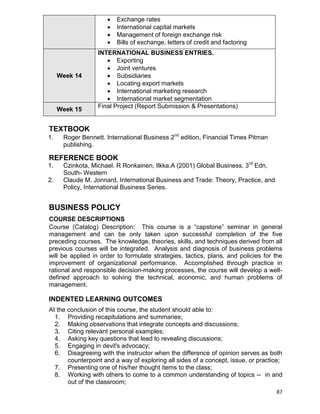 87
 Exchange rates
 International capital markets
 Management of foreign exchange risk
 Bills of exchange, letters of credit and factoring
Week 14
INTERNATIONAL BUSINESS ENTRIES.
 Exporting
 Joint ventures
 Subsidiaries
 Locating export markets
 International marketing research
 International market segmentation
Week 15
Final Project (Report Submission & Presentations)
TEXTBOOK
1. Roger Bennett. International Business 2nd
edition, Financial Times Pitman
publishing.
REFERENCE BOOK
1. Czinkota, Michael. R Ronkainen, Ilkka.A (2001) Global Business, 3rd
Edn,
South- Western
2. Claude M. Jonnard, International Business and Trade: Theory, Practice, and
Policy, International Business Series.
BUSINESS POLICY
COURSE DESCRIPTIONS
Course (Catalog) Description: This course is a “capstone” seminar in general
management and can be only taken upon successful completion of the five
preceding courses. The knowledge, theories, skills, and techniques derived from all
previous courses will be integrated. Analysis and diagnosis of business problems
will be applied in order to formulate strategies, tactics, plans, and policies for the
improvement of organizational performance. Accomplished through practice in
rational and responsible decision-making processes, the course will develop a well-
defined approach to solving the technical, economic, and human problems of
management.
INDENTED LEARNING OUTCOMES
At the conclusion of this course, the student should able to:
1. Providing recapitulations and summaries;
2. Making observations that integrate concepts and discussions;
3. Citing relevant personal examples;
4. Asking key questions that lead to revealing discussions;
5. Engaging in devil's advocacy;
6. Disagreeing with the instructor when the difference of opinion serves as both
counterpoint and a way of exploring all sides of a concept, issue, or practice;
7. Presenting one of his/her thought items to the class;
8. Working with others to come to a common understanding of topics -- in and
out of the classroom;
 