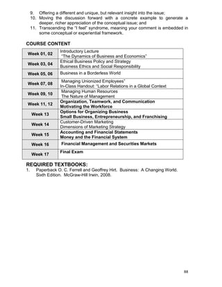 88
9. Offering a different and unique, but relevant insight into the issue;
10. Moving the discussion forward with a concrete example to generate a
deeper, richer appreciation of the conceptual issue; and
11. Transcending the “I feel” syndrome, meaning your comment is embedded in
some conceptual or experiential framework.
COURSE CONTENT
Week 01, 02
Introductory Lecture
“The Dynamics of Business and Economics”
Week 03, 04
Ethical Business Policy and Strategy
Business Ethics and Social Responsibility
Week 05, 06 Business in a Borderless World
Week 07, 08
Managing Unionized Employees”
In-Class Handout: “Labor Relations in a Global Context
Week 09, 10
Managing Human Resources
The Nature of Management
Week 11, 12
Organization, Teamwork, and Communication
Motivating the Workforce
Week 13
Options for Organizing Business
Small Business, Entrepreneurship, and Franchising
Week 14
Customer-Driven Marketing
Dimensions of Marketing Strategy
Week 15
Accounting and Financial Statements
Money and the Financial System
Week 16 Financial Management and Securities Markets
Week 17
Final Exam
REQUIRED TEXTBOOKS:
1. Paperback O. C. Ferrell and Geoffrey Hirt. Business: A Changing World.
Sixth Edition. McGraw-Hill Irwin, 2008.
 