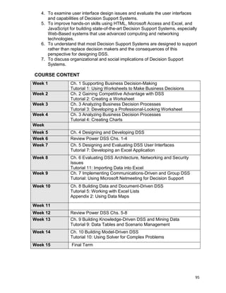 95
4. To examine user interface design issues and evaluate the user interfaces
and capabilities of Decision Support Systems.
5. To improve hands-on skills using HTML, Microsoft Access and Excel, and
JavaScript for building state-of-the-art Decision Support Systems, especially
Web-Based systems that use advanced computing and networking
technologies.
6. To understand that most Decision Support Systems are designed to support
rather than replace decision makers and the consequences of this
perspective for designing DSS.
7. To discuss organizational and social implications of Decision Support
Systems.
COURSE CONTENT
Week 1 Ch. 1 Supporting Business Decision-Making
Tutorial 1: Using Worksheets to Make Business Decisions
Week 2 Ch. 2 Gaining Competitive Advantage with DSS
Tutorial 2: Creating a Worksheet
Week 3 Ch. 3 Analyzing Business Decision Processes
Tutorial 3: Developing a Professional-Looking Worksheet
Week 4 Ch. 3 Analyzing Business Decision Processes
Tutorial 4: Creating Charts
Week
Week 5 Ch. 4 Designing and Developing DSS
Week 6 Review Power DSS Chs. 1-4
Week 7 Ch. 5 Designing and Evaluating DSS User Interfaces
Tutorial 7: Developing an Excel Application
Week 8 Ch. 6 Evaluating DSS Architecture, Networking and Security
Issues
Tutorial 11: Importing Data into Excel
Week 9 Ch. 7 Implementing Communications-Driven and Group DSS
Tutorial: Using Microsoft Netmeeting for Decision Support
Week 10 Ch. 8 Building Data and Document-Driven DSS
Tutorial 5: Working with Excel Lists
Appendix 2: Using Data Maps
Week 11
Week 12 Review Power DSS Chs. 5-8
Week 13 Ch. 9 Building Knowledge-Driven DSS and Mining Data
Tutorial 9: Data Tables and Scenario Management
Week 14 Ch. 10 Building Model-Driven DSS
Tutorial 10: Using Solver for Complex Problems
Week 15 Final Term
 