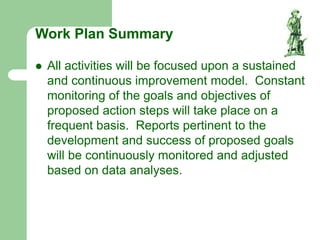 Work Plan Summary
 All activities will be focused upon a sustained
and continuous improvement model. Constant
monitoring of the goals and objectives of
proposed action steps will take place on a
frequent basis. Reports pertinent to the
development and success of proposed goals
will be continuously monitored and adjusted
based on data analyses.
 