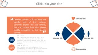 Click Join your title
“Detailed content... Click to enter the
specific text of this column,
concisely explain the sub-content,
this is a concept illustration, please
modify according to the specific
content.
”
Add a title
Add a detailed text description here, it is
recommended to be related to the title and
conform to the overall language style, and the
language description is as concise and vivid as
possible.
Add a title
Add a detailed text description here, it is
recommended to be related to the title and conform to
the overall language style, and the language
description is as concise and vivid as possible.
25%
55%
Enter your title
Enter your title
Enter your title
Enter your title
 