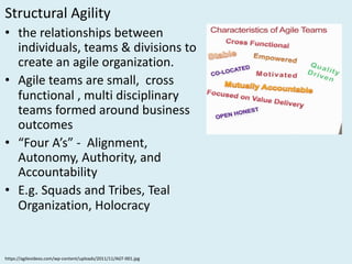Structural	Agility
• the	relationships	between	
individuals,	teams	&	divisions	to	
create	an	agile	organization.
• Agile	teams	are	small,		cross	
functional	,	multi	disciplinary	
teams	formed	around	business	
outcomes
• “Four	A’s”	- Alignment,	
Autonomy,	Authority,	and	
Accountability
• E.g.	Squads	and	Tribes,	Teal	
Organization,	Holocracy
https://agilevideos.com/wp-content/uploads/2011/11/AGT-001.jpg
 