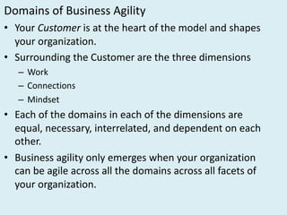 Domains	of	Business	Agility
• Your Customer is	at	the	heart	of	the	model	and	shapes	
your	organization.	
• Surrounding	the Customer are	the	three	dimensions	
– Work	
– Connections
– Mindset
• Each	of	the	domains	in	each	of	the	dimensions	are	
equal,	necessary,	interrelated,	and	dependent	on	each	
other.	
• Business	agility	only	emerges	when	your	organization	
can	be	agile	across	all	the	domains	across	all	facets	of	
your	organization.
 
