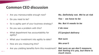 Common CEO discussion 
+ Are you manoeuvrable enough now? 
+ Do you need to be? 
+ So is agility part of your business str...