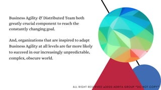 Business Agility & Distributed Team both
greatly crucial component to reach the
constantly changing goal.
And, organizations that are inspired to adapt
Business Agility at all levels are far more likely
to succeed in our increasingly unpredictable,
complex, obscure world.
A L L R I G H T R E S E R V E D @ 2 0 2 0 A D R I T A G R O U P * D O N O T C O P Y *
 