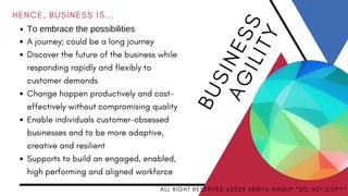 H E N C E , B U S I N E S S I S . . .  
To embrace the possibilities
A journey; could be a long journey
Discover the future of the business while
responding rapidly and flexibly to
customer demands
Change happen productively and cost-
effectively without compromising quality
Enable individuals customer-obsessed
businesses and to be more adaptive,
creative and resilient 
Supports to build an engaged, enabled,
high performing and aligned workforce
B
U
SI
N
E
S
S
A
GILIT
Y
A L L R I G H T R E S E R V E D @ 2 0 2 0 A D R I T A G R O U P * D O N O T C O P Y *
 