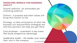 OPERATING MODELS FOR BUSINESS
AGILITY
A L L R I G H T R E S E R V E D @ 2 0 2 0 A D R I T A G R O U P * D O N O T C O P Y *
G r o w t h a m b i t i o n – a n a c h i e v a b l e y e t
s t r e t c h i n g a m b i t i o n
C u l t u r e – a p u r p o s e a n d w h a t v a l u e s w i l l
b r i n g t h a t m i s s i o n t o l i f e
S t r a t e g y – a c l e a r a r t i c u l a t i o n o f w h a t t h e
b u s i n e s s u n i t a n d p o r t f o l i o s t r a t e g i e s a r e
a n d h o w p a r t n e r s c a n h e l p y o u g e t t h e r e
C o s t e n v e l o p e – i n v e s t m e n t i n k e y a r e a s
t h a t b u i l d c o m p e t i t i v e a d v a n t a g e
L e a d e r s h i p m o d e l – t h e l e a d e r m u s t e x e c u t e
t h e i r r o l e i n t h e c o m p a n y
 