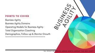 POINTS TO COVER
Business Agility
Business Agility Domains
Operating Models for Business Agility
Total Organization Coaching 
Demographics, Follow-up & Monitor Growth
**************************************
B
U
SI
N
E
S
S
A
GILIT
Y
A L L R I G H T R E S E R V E D @ 2 0 2 0 A D R I T A G R O U P * D O N O T C O P Y *
 
