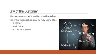 Law of the Customer
•It is your customer who decides what has value.
•The entire organization must be fully aligned to…
• Discover
• And Deliver
• As fast as possible
 