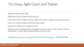 Tim Guay, Agile Coach and Trainer
•Agile Practitioner since 2002
•PMP, CSM, CSD, CSP, PMI-ACP, ICP-ASD, etc….
•Certified to deliver ICAgile’s Business Agility Accelerator program to top management
•Sits on the ICAgile DevOps Certification Committee
•Authored multiple Lean and Agile courses
•Clients include; JP Morgan Chase, Citigroup, Accenture, Cisco, Intuit, Comcast, State of
Washington, and the Royal Canadian Navy ( to name a few).
•tim@agileworksinc.com https://www.linkedin.com/in/timguay/ cell: 808-206-466
AgileWorks Copyright 2017
 
