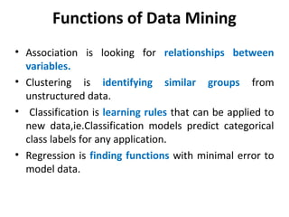 Functions of Data Mining
• Association is looking for relationships between
variables.
• Clustering is identifying similar groups from
unstructured data.
• Classification is learning rules that can be applied to
new data,ie.Classification models predict categorical
class labels for any application.
• Regression is finding functions with minimal error to
model data.
 