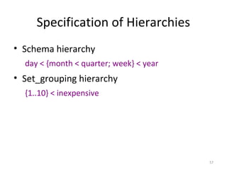 57
Specification of Hierarchies
• Schema hierarchy
day < {month < quarter; week} < year
• Set_grouping hierarchy
{1..10} < inexpensive
 