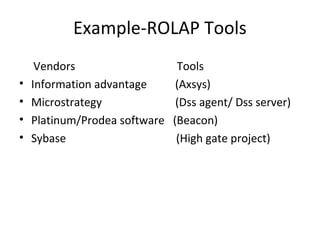 Example-ROLAP Tools
Vendors Tools
• Information advantage (Axsys)
• Microstrategy (Dss agent/ Dss server)
• Platinum/Prodea software (Beacon)
• Sybase (High gate project)
 