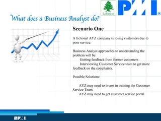 What does a Business Analyst do?
Scenario One
A fictional AYZ company is losing customers due to
poor service.
Business Analyst approaches to understanding the
problem will be:
Getting feedback from former customers
Interviewing Customer Service team to get more
feedback on the complaints.
Possible Solutions:
AYZ may need to invest in training the Customer
Service Team.
AYZ may need to get customer service portal
 