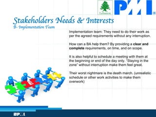 Stakeholders Needs  Interests 
B- Implementation Team
Implementation team: They need to do their work as
per the agreed requirements without any interruption.
How can a BA help them? By providing a clear and
complete requirements, on time, and on scope.
It is also helpful to schedule a meeting with them at
the beginning or end of the day only. “Staying in the
zone” without interruption make them feel great.
Their worst nightmare is the death march. (unrealistic
schedule or other work activities to make them
overwork)
 