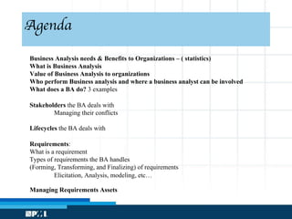 Agenda
Business Analysis needs & Benefits to Organizations – ( statistics)
What is Business Analysis
Value of Business Analysis to organizations
Who perform Business analysis and where a business analyst can be involved
What does a BA do? 3 examples
Stakeholders the BA deals with
Managing their conflicts
Lifecycles the BA deals with
Requirements:
What is a requirement
Types of requirements the BA handles
(Forming, Transforming, and Finalizing) of requirements
Elicitation, Analysis, modeling, etc…
Managing Requirements Assets
 