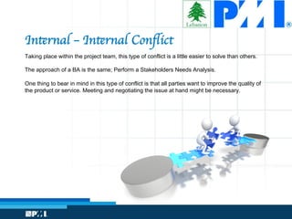 Taking place within the project team, this type of conflict is a little easier to solve than others.
The approach of a BA is the same; Perform a Stakeholders Needs Analysis.
One thing to bear in mind in this type of conflict is that all parties want to improve the quality of
the product or service. Meeting and negotiating the issue at hand might be necessary.

Internal – Internal Conﬂict
 
