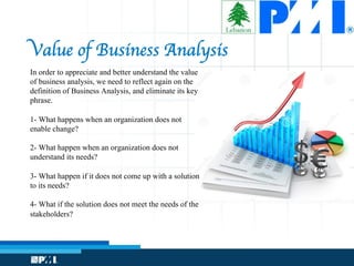 Value of Business Analysis
In order to appreciate and better understand the value
of business analysis, we need to reflect again on the
definition of Business Analysis, and eliminate its key
phrase.
1- What happens when an organization does not
enable change?
2- What happen when an organization does not
understand its needs?
3- What happen if it does not come up with a solution
to its needs?
4- What if the solution does not meet the needs of the
stakeholders?
 
