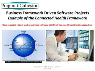 Copyrights (c) 2012 - Pragmatic Cohesion
Consulting
1
Business Framework Driven Software Projects
Example of the Connected Health Framework
How to create robust and responsive software at 60% of the cost of traditional approaches
 