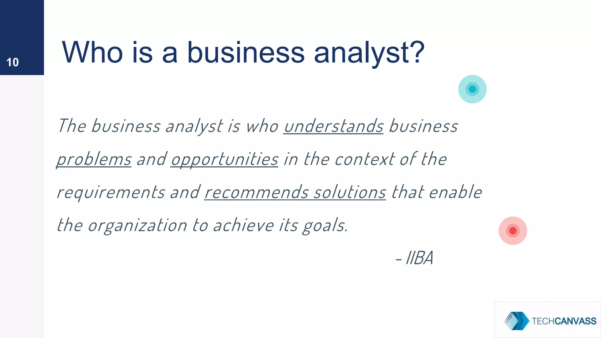 Who is a business analyst?
The business analyst is who understands business
problems and opportunities in the context of the
requirements and recommends solutions that enable
the organization to achieve its goals.
- IIBA
10
 