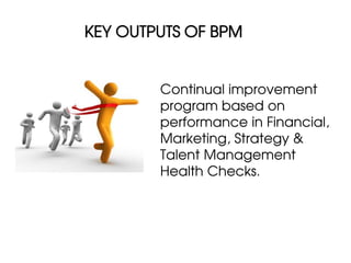 KEY OUTPUTS OF BPM


        Continual improvement
        program based on
        performance in Financial,
        Marketing, Strategy &
        Talent Management
        Health Checks.
 