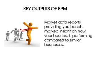 KEY OUTPUTS OF BPM


        Market data reports
        providing you bench-
        marked insight on how
        your business is performing
        compared to similar
        businesses.
 