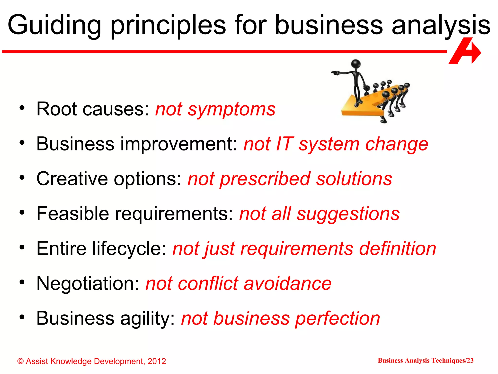 Guiding principles for business analysis

• Root causes: not symptoms
• Business improvement: not IT system change
• Creative options: not prescribed solutions
• Feasible requirements: not all suggestions
• Entire lifecycle: not just requirements definition
• Negotiation: not conflict avoidance
• Business agility: not business perfection

© Assist Knowledge Development, 2012        Business Analysis Techniques/23
 