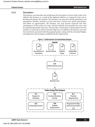 Licensed to Gustavo Simues gustavo.simoes@fattocs.com.br


          Enterprise Analysis                                                                               Define Business Case

          5.5.2	            Description
                            The business case describes the justification for the project in terms of the value to be
                            added to the business as a result of the deployed solution, as compared to the cost to
                            develop and operate the solution. The business case may also include qualitative and
                            quantitative benefits, estimates of cost and time to break even, profit expectations,
                            and follow on opportunities. The business case may present expected cash flow
                            consequences of the action over time, and the methods and rationale that were used
                            for quantifying benefits and costs. This provides a framework to demonstrate how the
                            initiative is expected to achieve business objectives. In addition, the business case lists
                            the constraints associated with the proposed project, along with the estimated budget,
                            and alignment with strategies established by the organization.


                                                  Figure 5–7: Define Business Case Input/Output Diagram
                                                                          Inputs

                                                  6.4               5.1                 5.4               3.3

                                            Assumptions      Business Need        Solution       Stakeholder
                                             Constraints                            Scope          Concerns




                                                                        5.5
                                                                 Deﬁne Business Case




                                                                           5.5

                                                                     Business Case




                                                            Tasks Using This Output
                                              3.1                       3.2                            6.1
                                          Prepare for             Conduct Elicitation               Prioritize
                                          Elicitation                 Activity                    Requirements


                                               6.5                       6.6                    Requirements Mgt.
                                      Verify Requirements              Validate                and Communication
                                                                     Requirements                          +




          BABOK® Guide, Version 2.0                                                                                          95

Order ID: IIBA-200911231134-455082
 