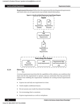 Licensed to Gustavo Simues gustavo.simoes@fattocs.com.br


      Specify and Model Requirements                                                                 Requirements Analysis

                       Requirements Structure: Defines how the requirement fits into the general requirements
                       and which other sets of requirements may include related information.

                                          Figure 6–4: Specify and Model Requirements Input/Output Diagram
                                                                     Inputs

                                                               3.3                6.2

                                                         Requirements        Requirements
                                                           [Stated]            Structure



                                                                      6.3
                                                               Specify and Model
                                                                 Requirements



                                                                       6.3

                                                                 Stakeholder or
                                                                    Solution
                                                                 Requirements



                                                         Tasks Using This Output
                                            6.1                        6.5                   Requirements Mgt.
                                         Prioritize           Verify Requirements           and Communication
                                       Requirements                                                  +


      6.3.4	           Elements
                       .1	      Text
                       A textual requirement must describe the capabilities of the solution, any conditions that
                       must exist for the requirement to operate, and any constraints that may prevent the
                       solution from fulfilling the requirement. Guidelines for writing textual requirements
                       include:

                       ▶▶ Express one and only one requirement at a time.

                       ▶▶ Avoid complex conditional clauses.

                       ▶▶ Do not assume your reader has domain knowledge.

                       ▶▶ Use terminology that is consistent.

                       ▶▶ Express requirements as a verb or verb phrase.


      108                                                                A Guide to the Business Analysis Body of Knowledge®

Order ID: IIBA-200911231134-455082
 