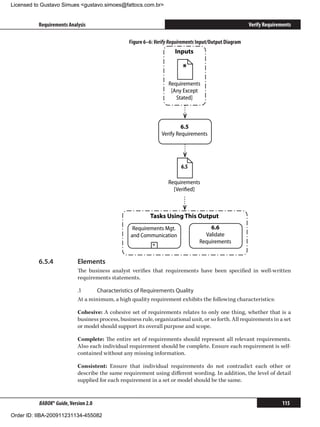 Licensed to Gustavo Simues gustavo.simoes@fattocs.com.br


          Requirements Analysis                                                                          Verify Requirements

                                                  Figure 6–6: Verify Requirements Input/Output Diagram
                                                                       Inputs

                                                                          *
                                                                    Requirements
                                                                     [Any Except
                                                                       Stated]



                                                                          6.5
                                                                 Verify Requirements




                                                                          6.5

                                                                    Requirements
                                                                      [Veriﬁed]



                                                           Tasks Using This Output
                                                   Requirements Mgt.                  6.6
                                                  and Communication                 Validate
                                                            +
                                                                                  Requirements


          6.5.4	            Elements
                            The business analyst verifies that requirements have been specified in well-written
                            requirements statements.

                            .1	    Characteristics of Requirements Quality
                            At a minimum, a high quality requirement exhibits the following characteristics:

                            Cohesive: A cohesive set of requirements relates to only one thing, whether that is a
                            business process, business rule, organizational unit, or so forth. All requirements in a set
                            or model should support its overall purpose and scope.

                            Complete: The entire set of requirements should represent all relevant requirements.
                            Also each individual requirement should be complete. Ensure each requirement is self-
                            contained without any missing information.

                            Consistent: Ensure that individual requirements do not contradict each other or
                            describe the same requirement using different wording. In addition, the level of detail
                            supplied for each requirement in a set or model should be the same.


          BABOK® Guide, Version 2.0                                                                                     115

Order ID: IIBA-200911231134-455082
 
