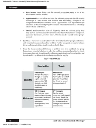 Licensed to Gustavo Simues gustavo.simoes@fattocs.com.br


      SWOT Analysis                                                                                         Techniques

                          ▷▷ Weaknesses. Those things that the assessed group does poorly or not at all.
                             Weaknesses are also internal.

                          ▷▷ Opportunities. External factors that the assessed group may be able to take
                             advantage of. May include new markets, new technology, changes in the
                             competitive marketplace, or other forces. Opportunities exist beyond the scope
                             of control of the assessed group; the choice is whether or not to take advantage
                             of one when it is identified.

                          ▷▷ Threats. External factors that can negatively affect the assessed group. They
                             may include factors such as the entrance into the market of a new competitor,
                             economic downturns, or other forces. Threats are also outside of the group’s
                             control.

                      ▶▶ Facilitate a discussion to analyze the results. Remember that the group has identified
                         only potential characteristics of the problem. Further analysis is needed to validate
                         the actual characteristics, ideally confirmed with data.

                      ▶▶ Once the characteristics of the issue or problem have been validated, the group
                         brainstorms potential solutions to solve the problem. A standard practice for this is
                         to compare internal strengths and weaknesses against external opportunities and
                         threats and try to define strategies for each cell in the matrix.

                                                       Figure 9–16: SWOT Matrix



                                             Opportunities                   Threats

                                         SO Strategies              ST Strategies
                                         How can the group's        How can the group use
                                         strength be used to        its strengths to ward oﬀ
                                         exploit potential          potential threats? Can
                           Strengths     opportunities? SO          the threats be turned
                                         strategies are fairly      into opportunities?
                                         straightforward to
                                         implement.

                                         WO Strategies              WT Strategies
                                         Can the group use an       Can the group
                                         opportunity to eliminate   restructure itself to avoid
                                         or mitigate a weakness?    the threat? Should the
                         Weaknesses      Does the opportunity       group consider getting
                                         warrant the                out of this market? WT
                                         development of new         strategies involve worst-
                                         capabilities?              case scenarios.




      218                                                           A Guide to the Business Analysis Body of Knowledge®

Order ID: IIBA-200911231134-455082
 
