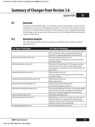 Licensed to Gustavo Simues gustavo.simoes@fattocs.com.br




          Summary of Changes from Version 1.6
                                                                                         appendix                      D

          D.1	               Overview
                             Version 2.0 of the BABOK® Guide is extensively revised, restructured, and rewritten by
                             comparison to version 1.6. This appendix provides a overview of where topics covered
                             in version 1.6 may be found in version 2.0. This summary is not a complete description
                             of the changes, and in some cases the scope of a task or technique has changed signifi-
                             cantly at a lower level.

          D.2	               Enterprise Analysis
                             The tasks Define Business Need (5.1) and Assess Capability Gaps (5.2) have no direct
                             equivalent in 1.6.

           1.6 Task or Technique                                    2.0 Task or Technique
           Creating and Maintaining the Business Architecture (2.2) Not directly addressed in version 2.0. Business analysis
                                                                    at the enterprise-wide or strategic level will be ad-
                                                                    dressed in a separate application area extension.
           Conducting Feasibility Studies (2.3)                     Determine Solution Approach (5.3)
                                                                    See also Chapter 9: Techniques for some of the refer-
                                                                    enced techniques.
           Determining Project Scope (2.4)                          Determine Solution Scope (5.4). The project manage-
                                                                    ment content in this task has been removed. See
                                                                    also Chapter 9: Techniques for some of the referenced
                                                                    techniques.
           Preparing the Business Case (2.5)                        Define Business Case (5.5)
                                                                    See also Chapter 9: Techniques for some of the refer-
                                                                    enced techniques.
           Conducting the Initial Risk Assessment (2.6)             Define Business Case (5.5)
                                                                    Risk Analysis (9.24)
           Preparing the Decision Package (2.7)                     Prepare Requirements Package (4.4)
                                                                    Communicate Requirements (4.5)
           Selecting and Prioritizing Projects (2.8)                Not directly addressed in version 2.0. Business analysis
                                                                    at the enterprise-wide or strategic level will be ad-
                                                                    dressed in a separate application area extension.
           Launching New Projects (2.9)                             No directly equivalent task.
           Managing Projects for Value (2.10)                       Define Business Case (5.5). In version 2.0, there are no
                                                                    separate tasks for re-evaluating or updating work
                                                                    done by another task. These situations are treated as
                                                                    another instance of the original task.
           Tracking Project Benefits (2.11)                         Evaluate Solution Performance (7.7)




          BABOK® Guide, Version 2.0                                                                                         247

Order ID: IIBA-200911231134-455082
 