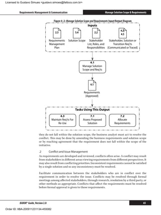 Licensed to Gustavo Simues gustavo.simoes@fattocs.com.br


          Requirements Management  Communication                                      Manage Solution Scope  Requirements

                                         Figure 4–2: Manage Solution Scope and Requirements Input/Output Diagram
                                                                        Inputs
                                                                                                     4.2,
                                          2.5                5.4                2.2
                                                                                                     4.5

                                      Requirements    Solution Scope    Stakeholder      Stakeholder, Solution or
                                      Management                       List, Roles, and      Transition Req'ts
                                          Plan                         Responsibilities [Communicated or Traced]



                                                                         4.1
                                                                   Manage Solution
                                                                   Scope and Req'ts




                                                                          4.1

                                                                    Requirements
                                                                     [Approved]



                                                             Tasks Using This Output
                                              4.3                        7.1                        7.2
                                       Maintain Req'ts For         Assess Proposed                Allocate
                                            Re-Use                     Solution                 Requirements


                            they do not fall within the solution scope, the business analyst must act to resolve the
                            conflict. This may be done by amending the business requirements and solution scope
                            or by reaching agreement that the requirement does not fall within the scope of the
                            initiative.

                            .2	     Conflict and Issue Management
                            As requirements are developed and reviewed, conflicts often arise. A conflict may result
                            from stakeholders in different areas viewing requirements from different perspectives. It
                            may also result from conflicting priorities. Inconsistent requirements cannot be satisfied
                            by a single solution and so any inconsistency must be resolved.

                            Facilitate communication between the stakeholders who are in conflict over the
                            requirement in order to resolve the issue. Conflicts may be resolved through formal
                            meetings among affected stakeholders, through research, resolution by a third party, or
                            other methods as appropriate. Conflicts that affect the requirements must be resolved
                            before formal approval is given to those requirements.




          BABOK® Guide, Version 2.0                                                                                     65

Order ID: IIBA-200911231134-455082
 
